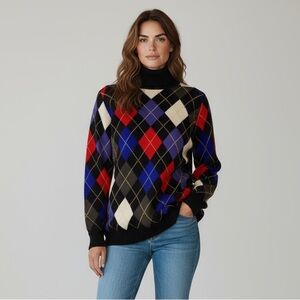 Saks Fifth Avenue Vtg THE WORKS Pullover Wool Argyle Turtle Neck Sweater Size M